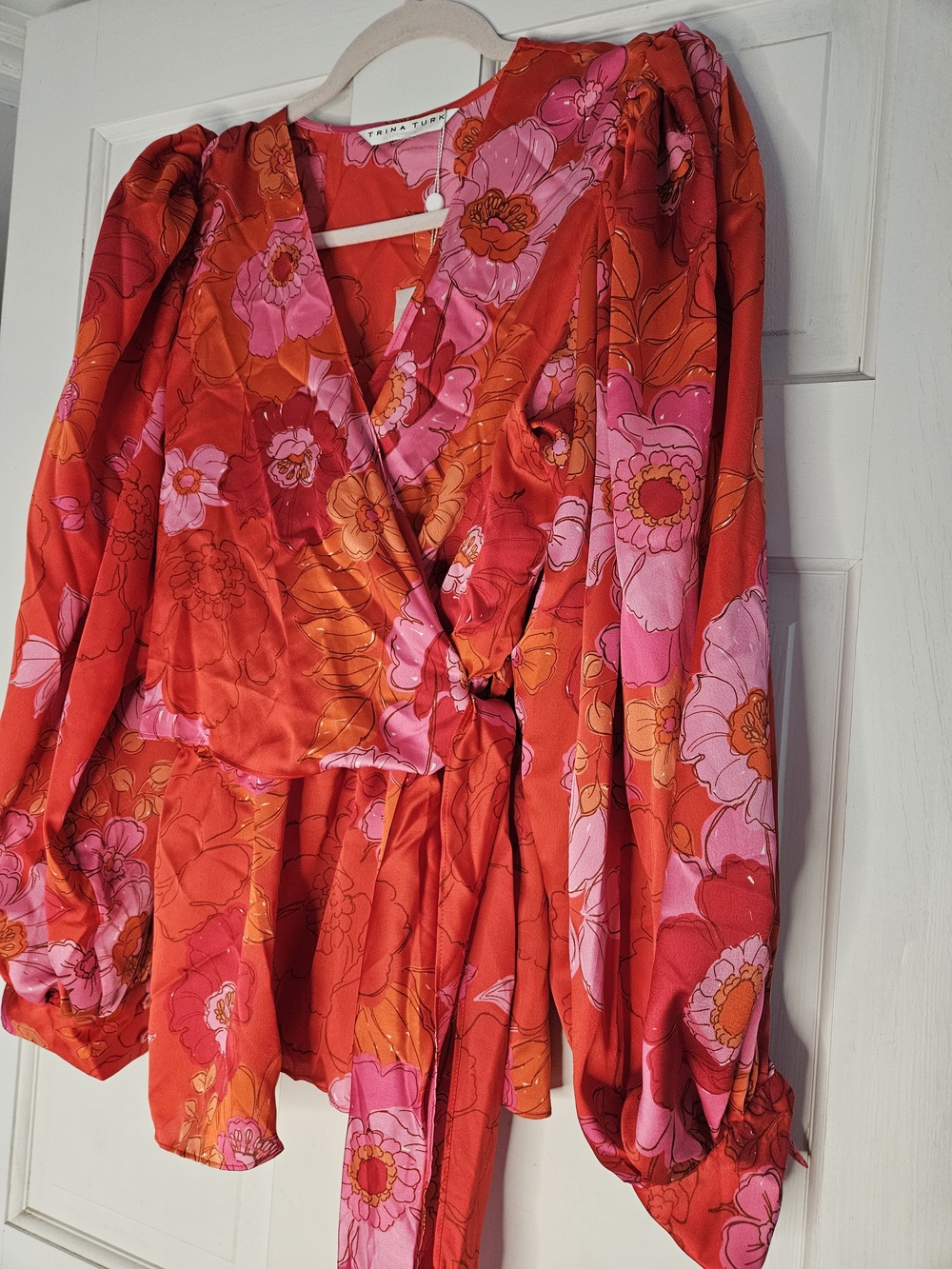Trina TURK Red Floral Wrap Blouse. Christmas Party #239